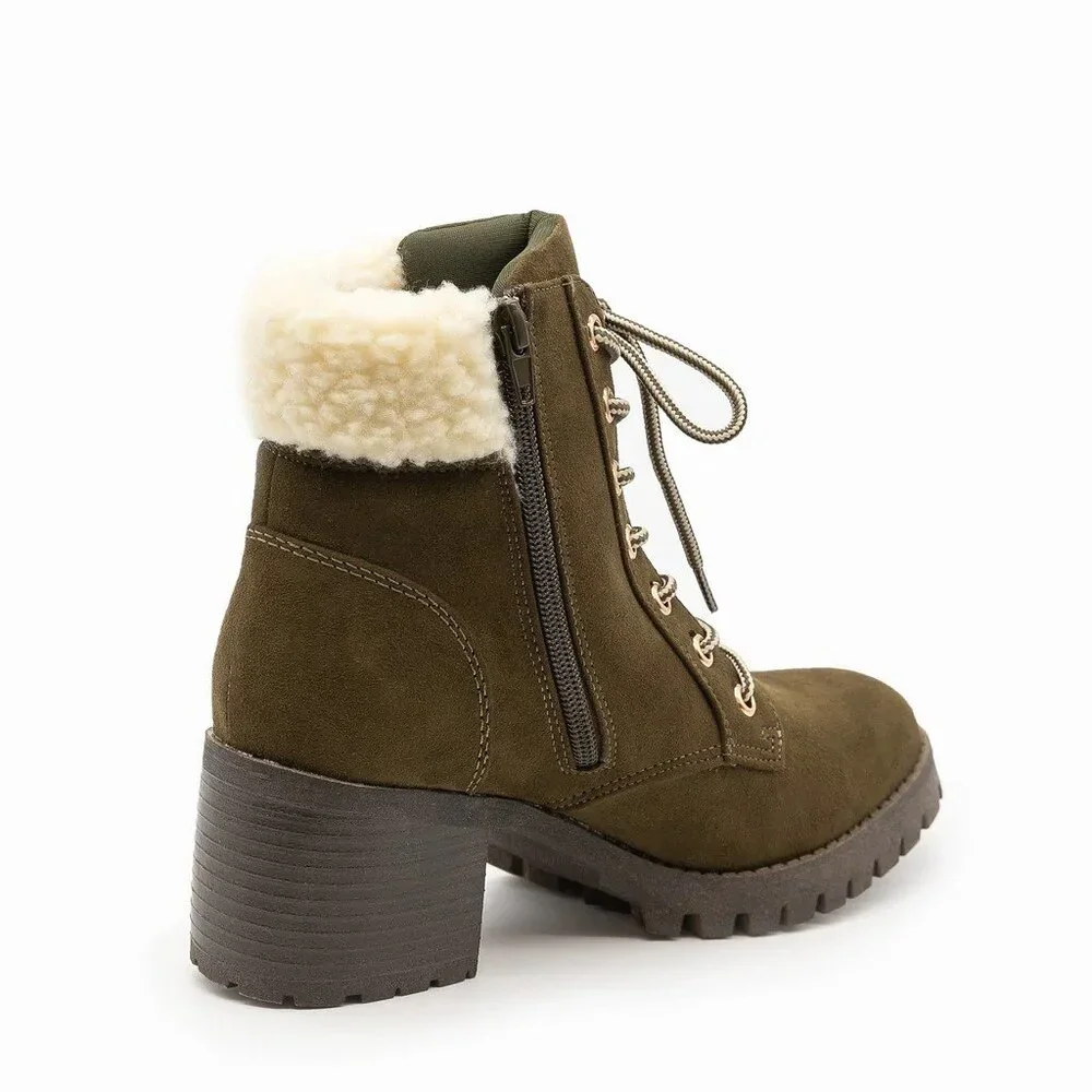 Bamboo Sherpa Cuffed Mucker Combat Ankle Boots | Faux Suede Lace-Up Booties - Picture 3 of 5